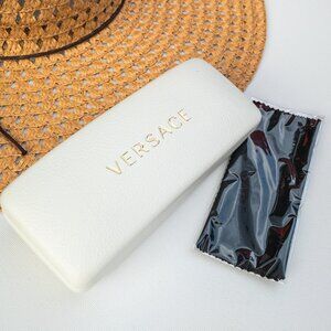 NEW Versace White Leather Hard Shell Glasses Sunglasses Case + Cleaning Cloth